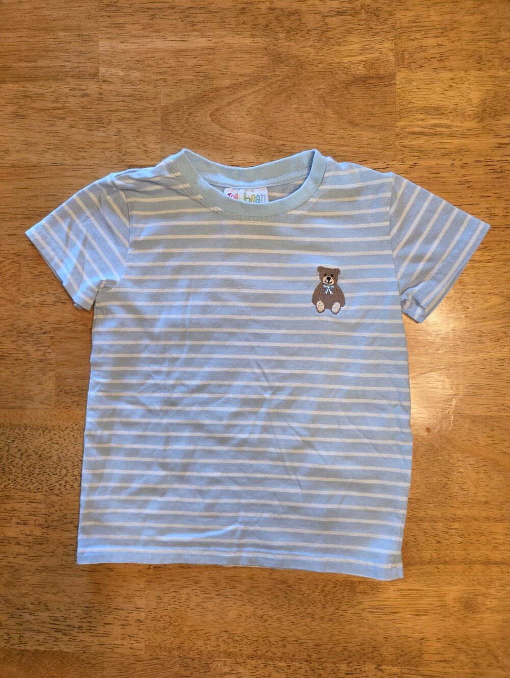 Striped Light Blue Kids Tee with Teddy Patch